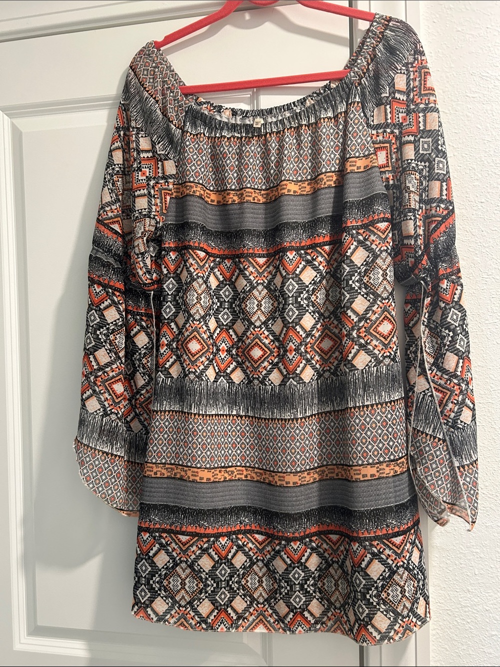 Truth NYC Off-Shoulder Mini Dress in Black, Orange & Cream Geometric Print